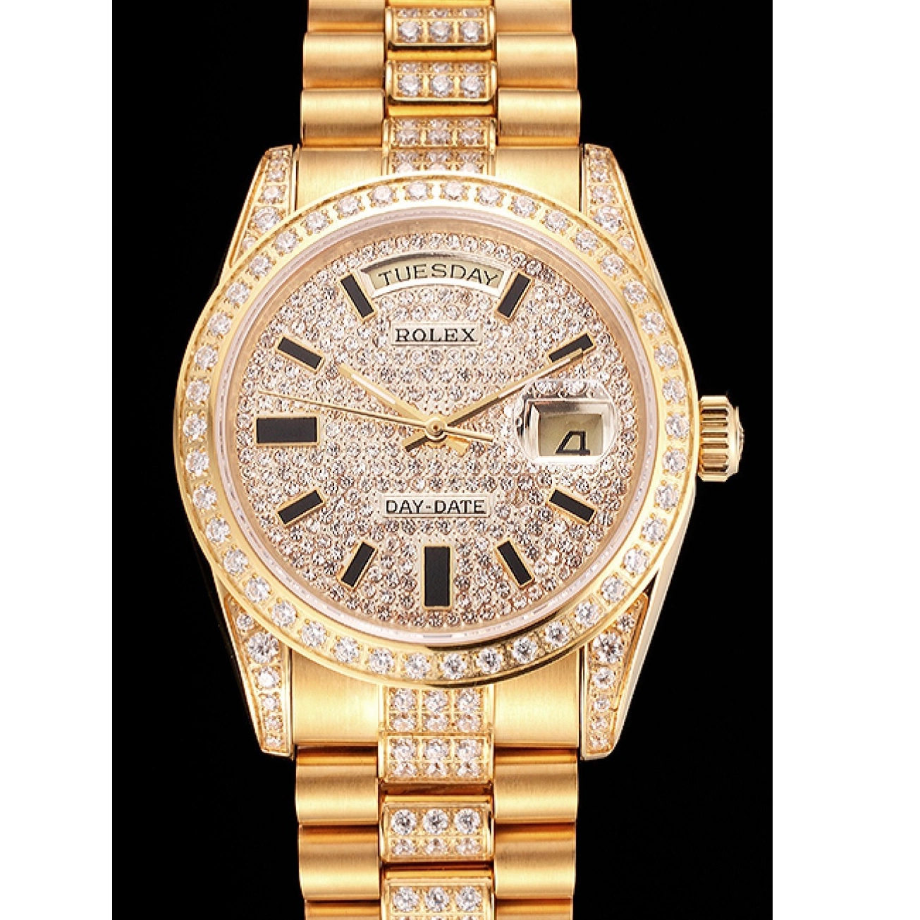 Aaa replica watch Swiss Yellow Gold Rolex Diamond Date Day Pave 0619